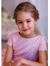 Cap Sleeves Pink Sequin Tulle V Back Flower Girl Dress